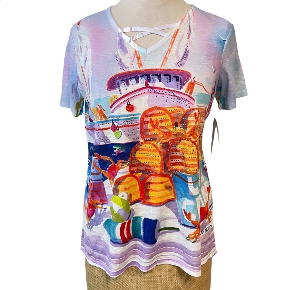 Ellen Negley Art & Sol Watercolor Crab Print Shirt Top Small NWT The great Scape